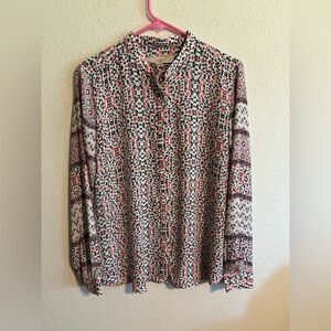 LOFT Women's Red and Black Patterned Button Down Shirt Size Medium
